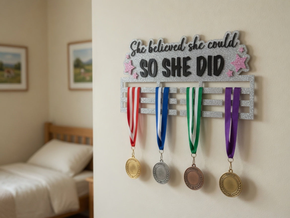 "She Believed She Could, So She DID" – Sparkly Cheer Medal Hanger - Longleaf Laser Designs