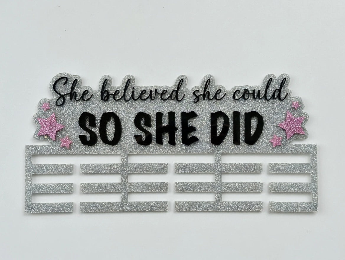 "She Believed She Could, So She DID" – Sparkly Cheer Medal Hanger - Longleaf Laser Designs